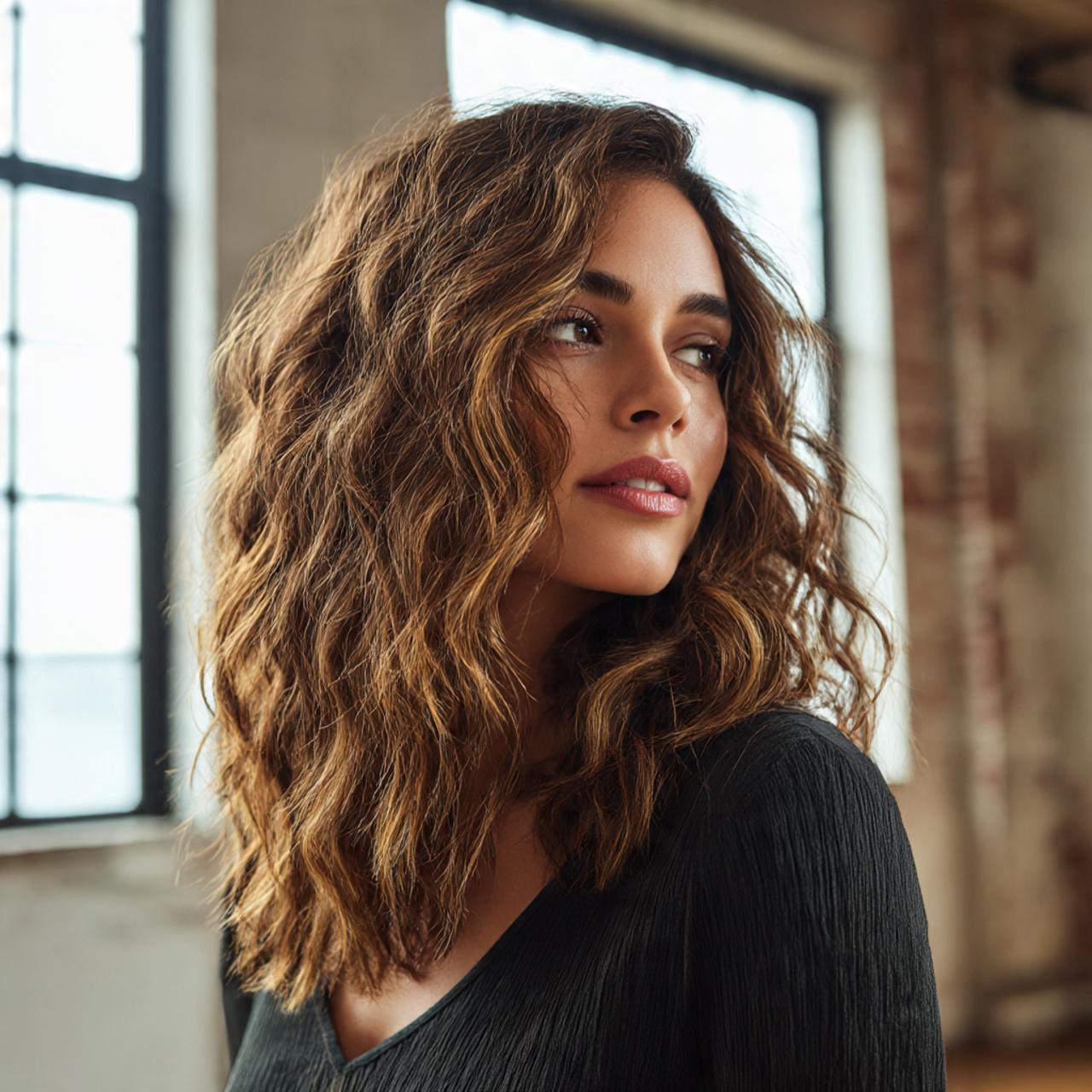 a medium length wavy hairstyle on a woman