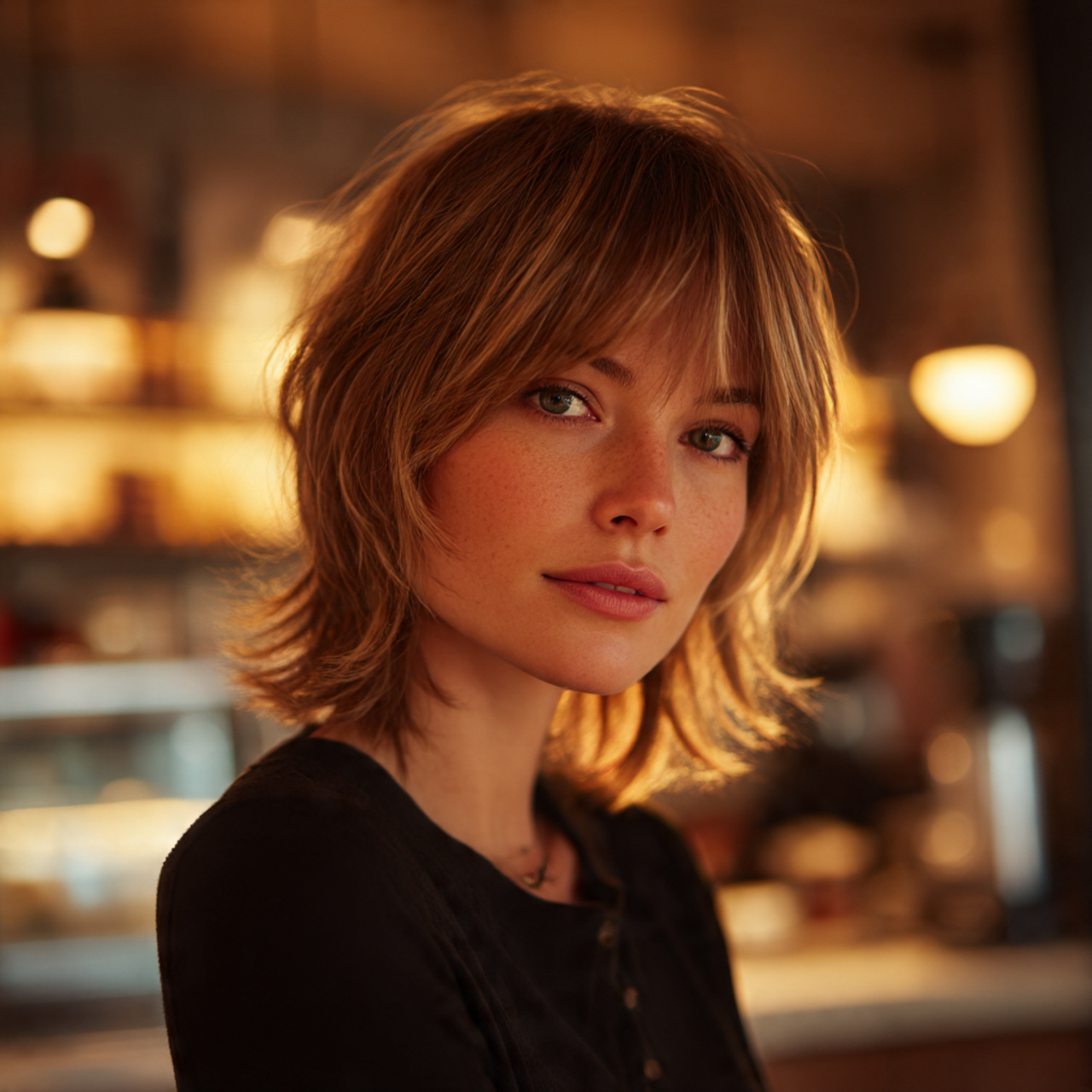 a medium length wolf cut without bangs on