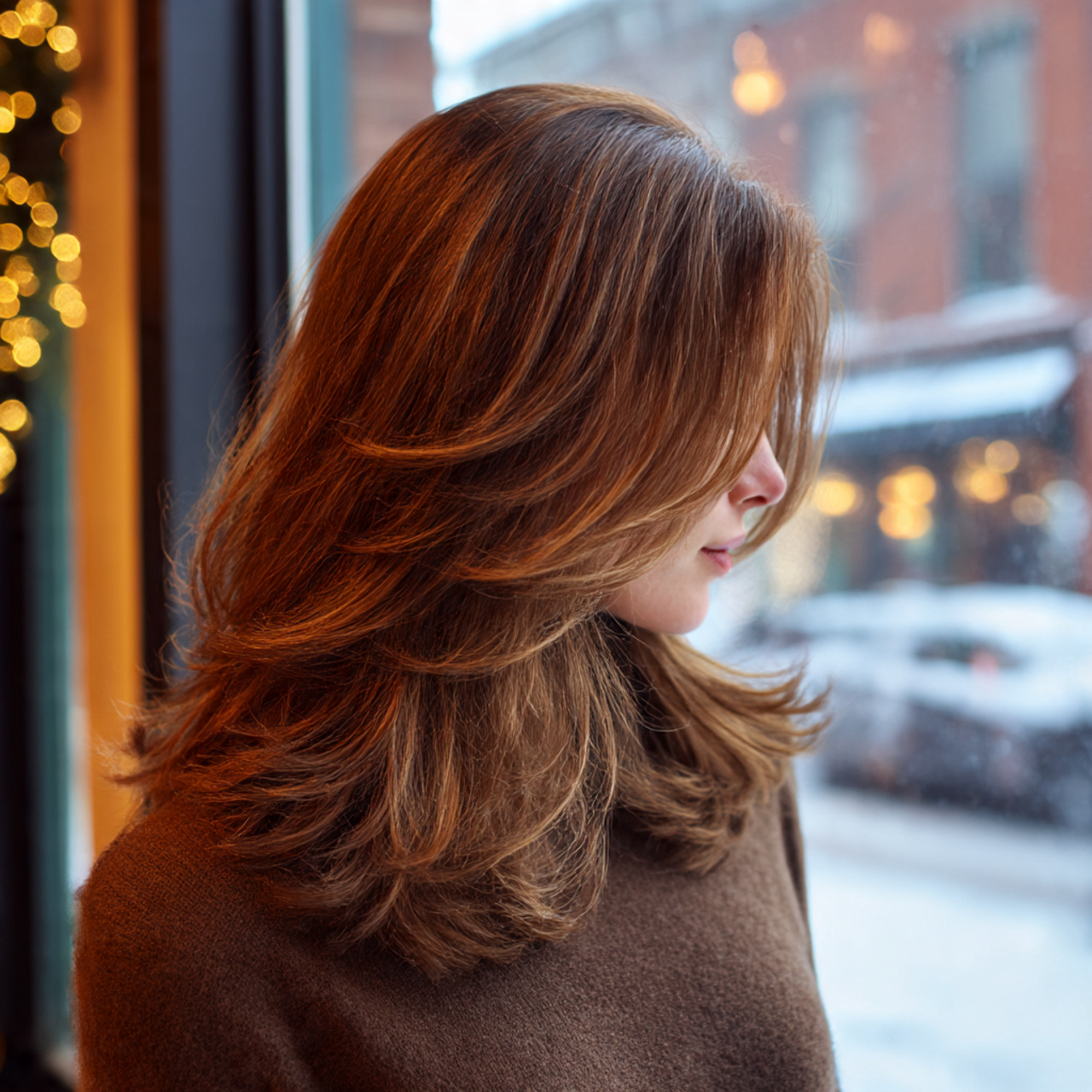 a mid length haircut styled in a voluminous