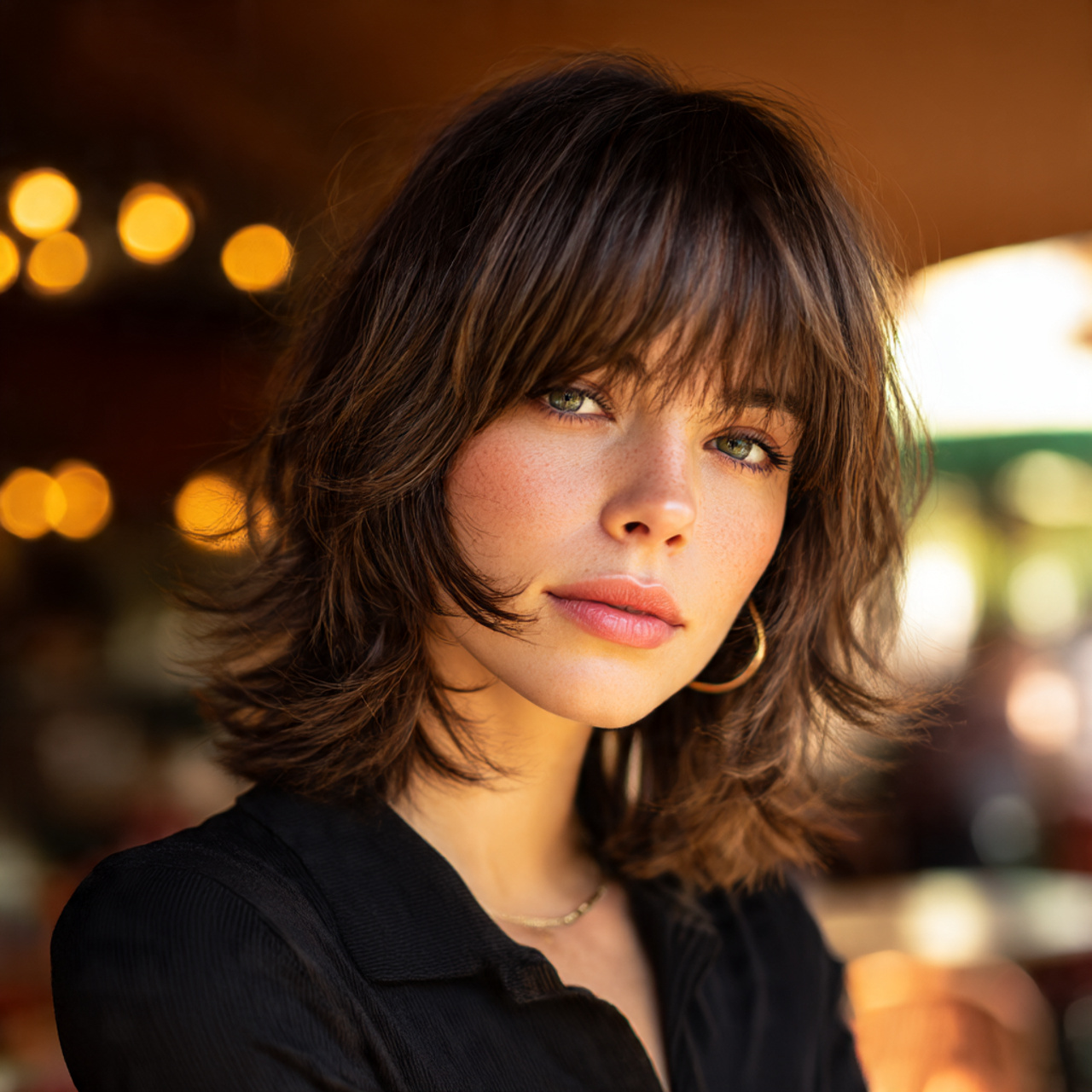 a model showcasing a face framing wolf cut