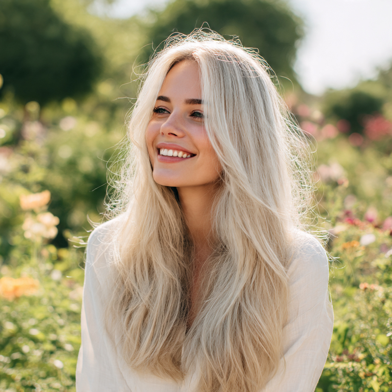 a model smiling with fresh icy blonde