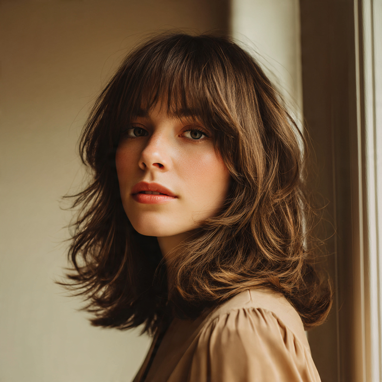 20 Wavy Wolf Cut with Bangs Ideas To Boost Self Confidence 9 a model sporting a medium length wavy wolf