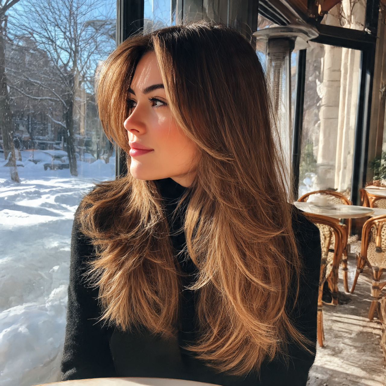 27 Hottest Winter Wolf Cut Ideas & Styles 14 a model with a caramel balayage winter