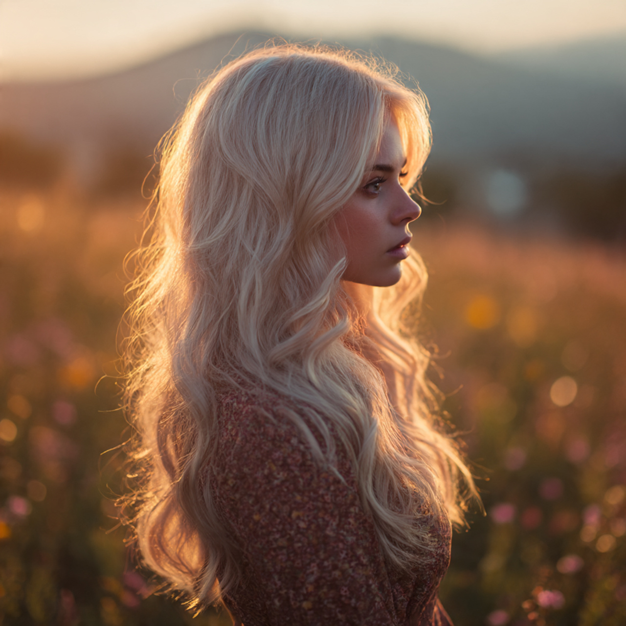 a model with long icy blonde layered