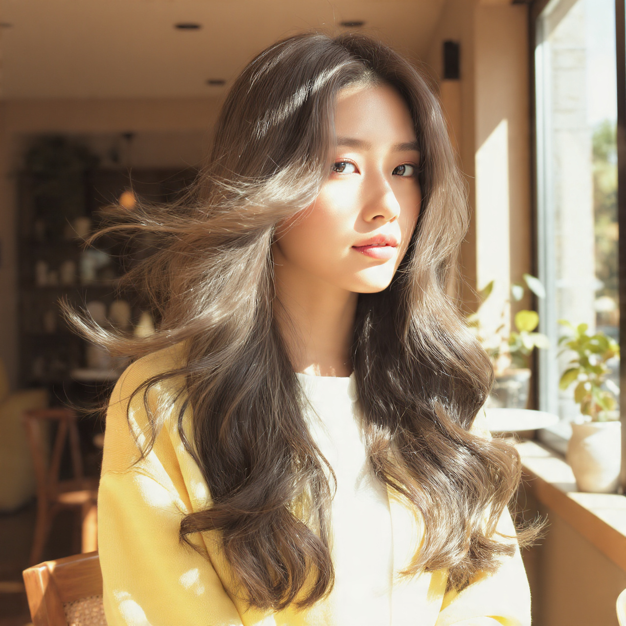 a model with long layered hair showcasing