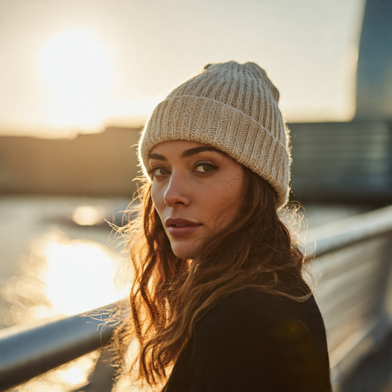 a modern city bridge at sunset featuring
