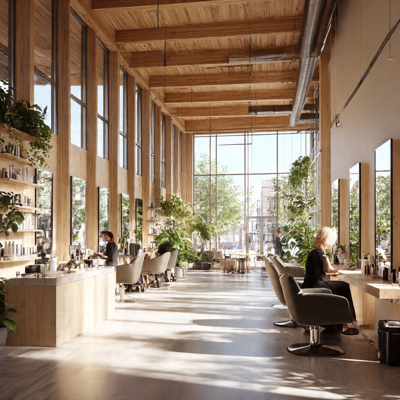 a modern eco friendly salon with natural wood