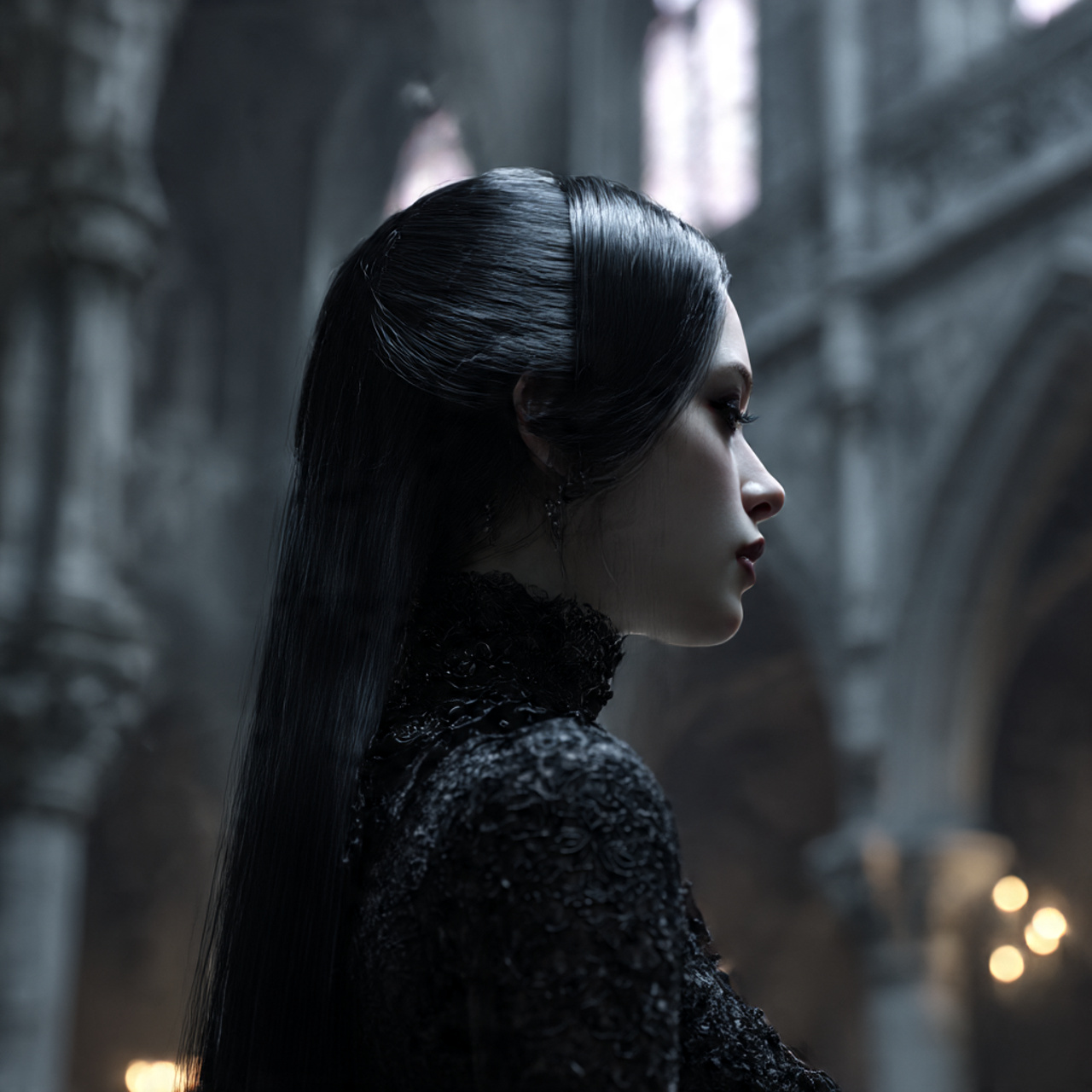 a mysterious woman with sleek dark goth