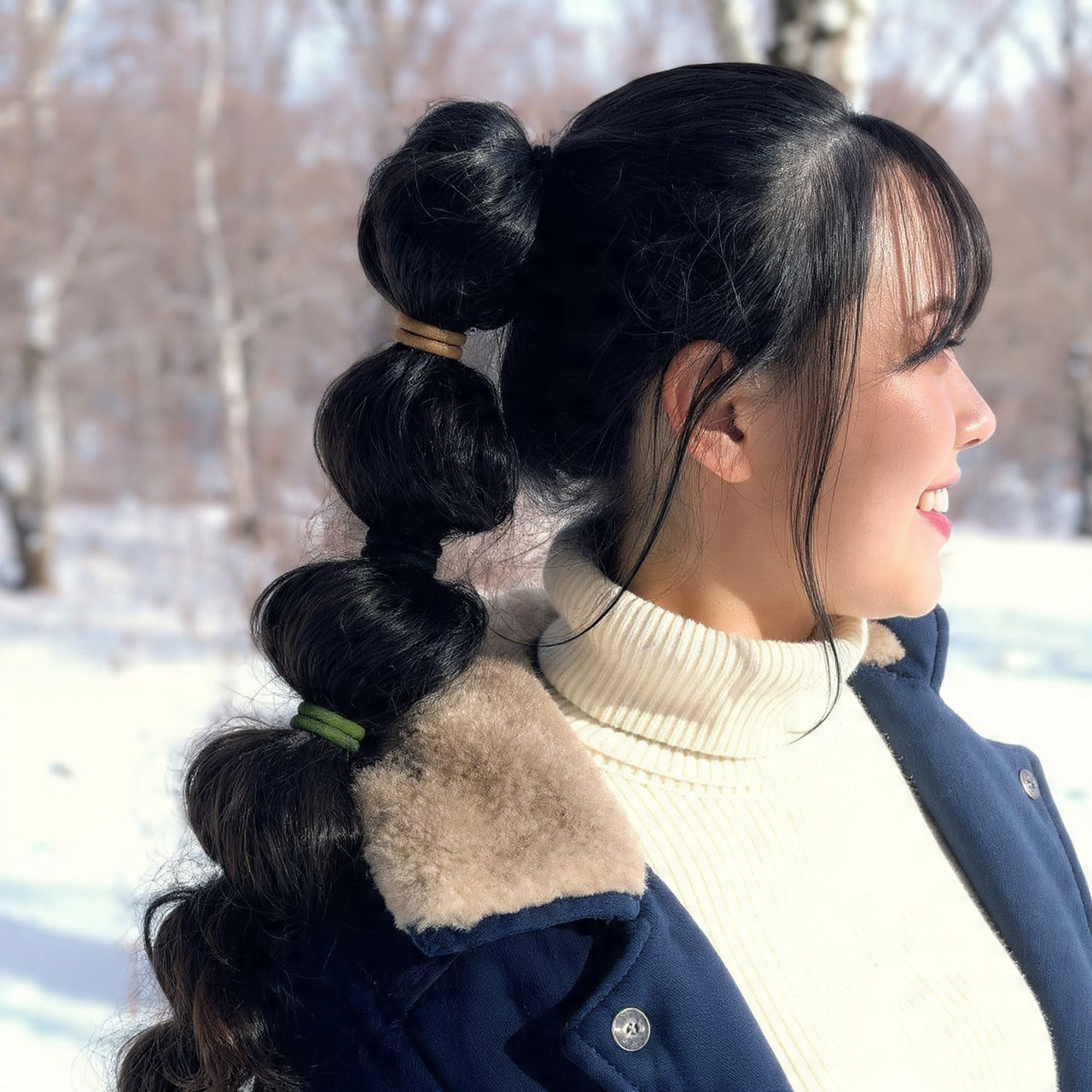 a playful winter hairstyle featuring a bubble