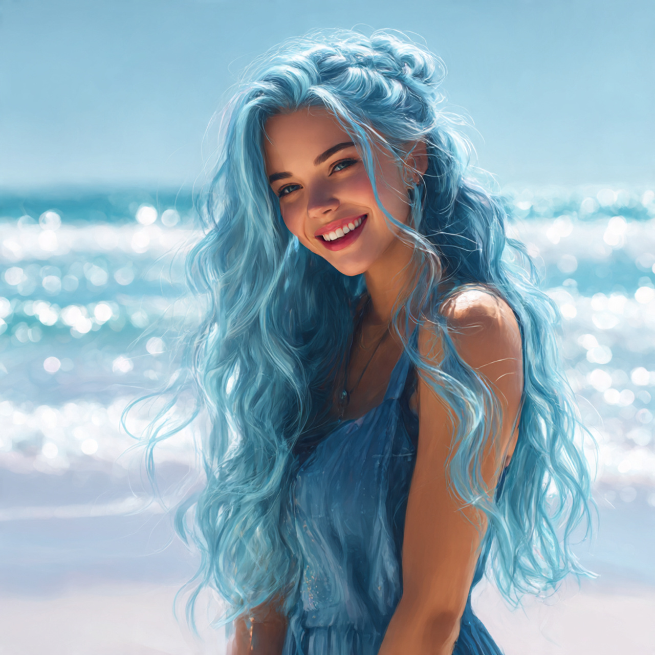 a playful woman with jelly bright blue