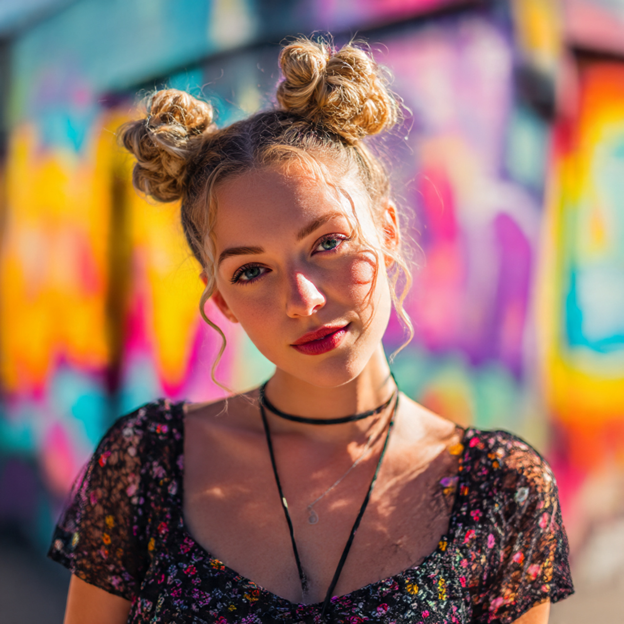 a playful young woman with space buns