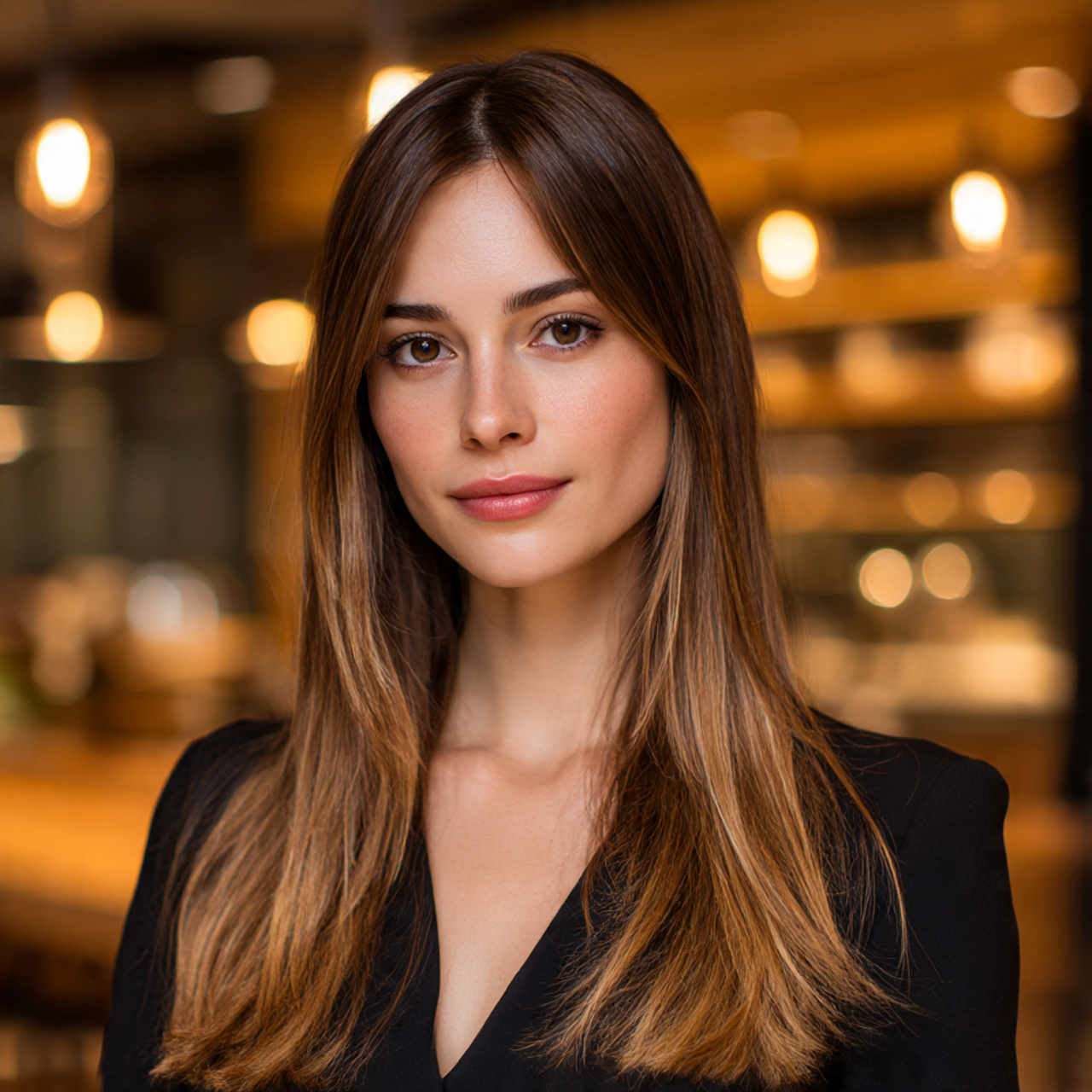 a poised woman with ultra sleek pin straight hair