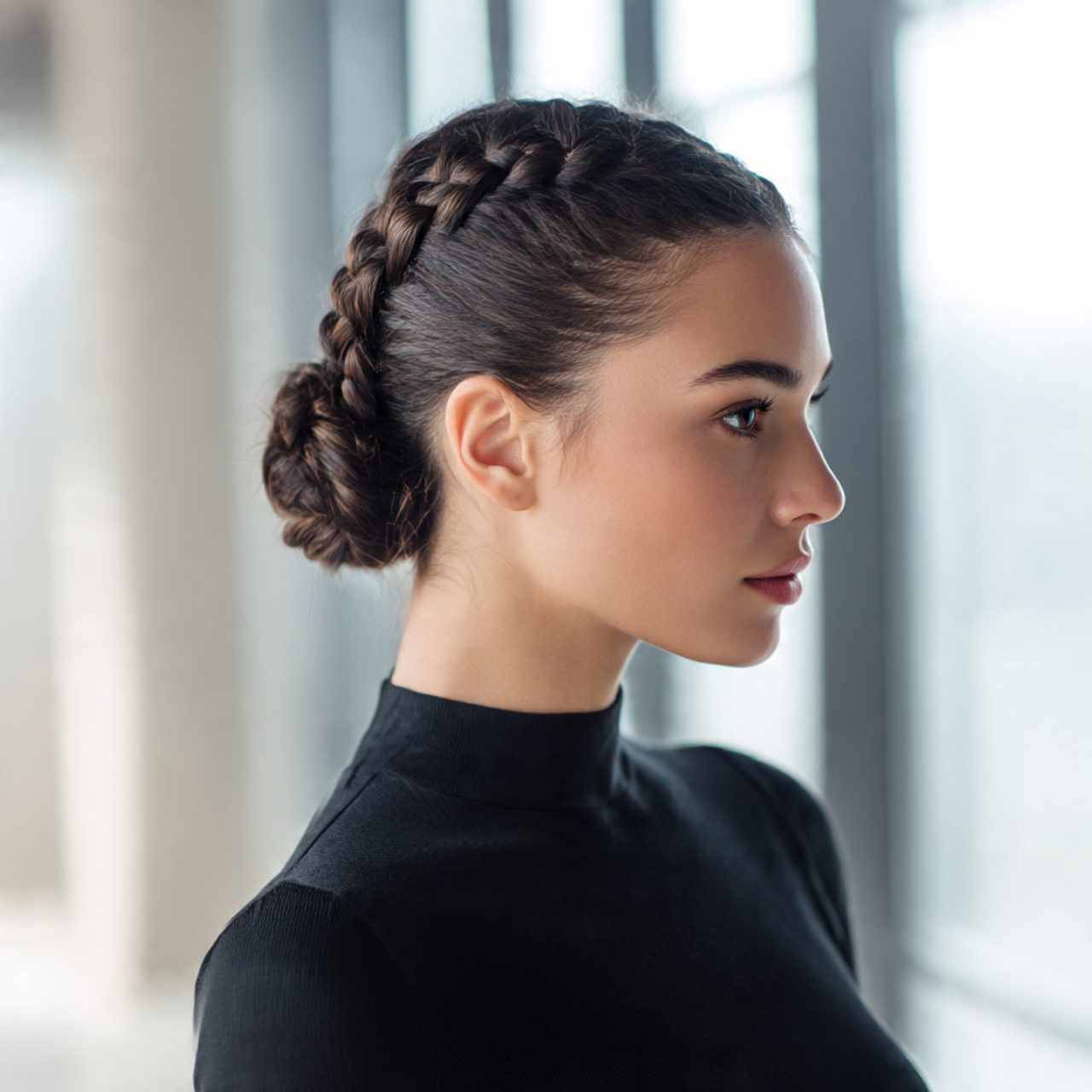 a polished brunette woman with sharp features