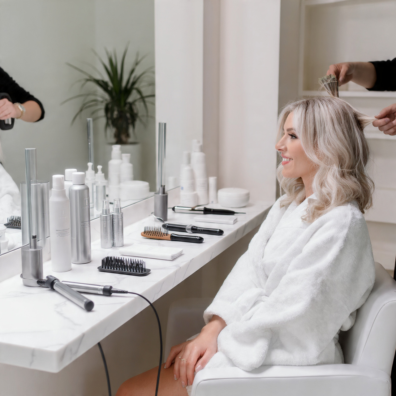 a professional hair stylist arranging high quality hair