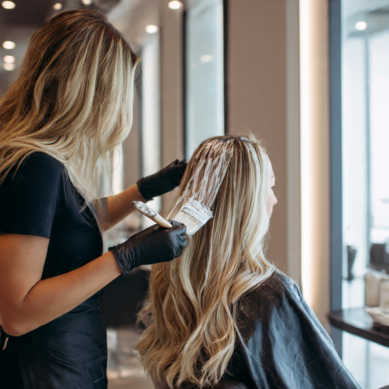 a professional hairstylist applying foiling and balayage