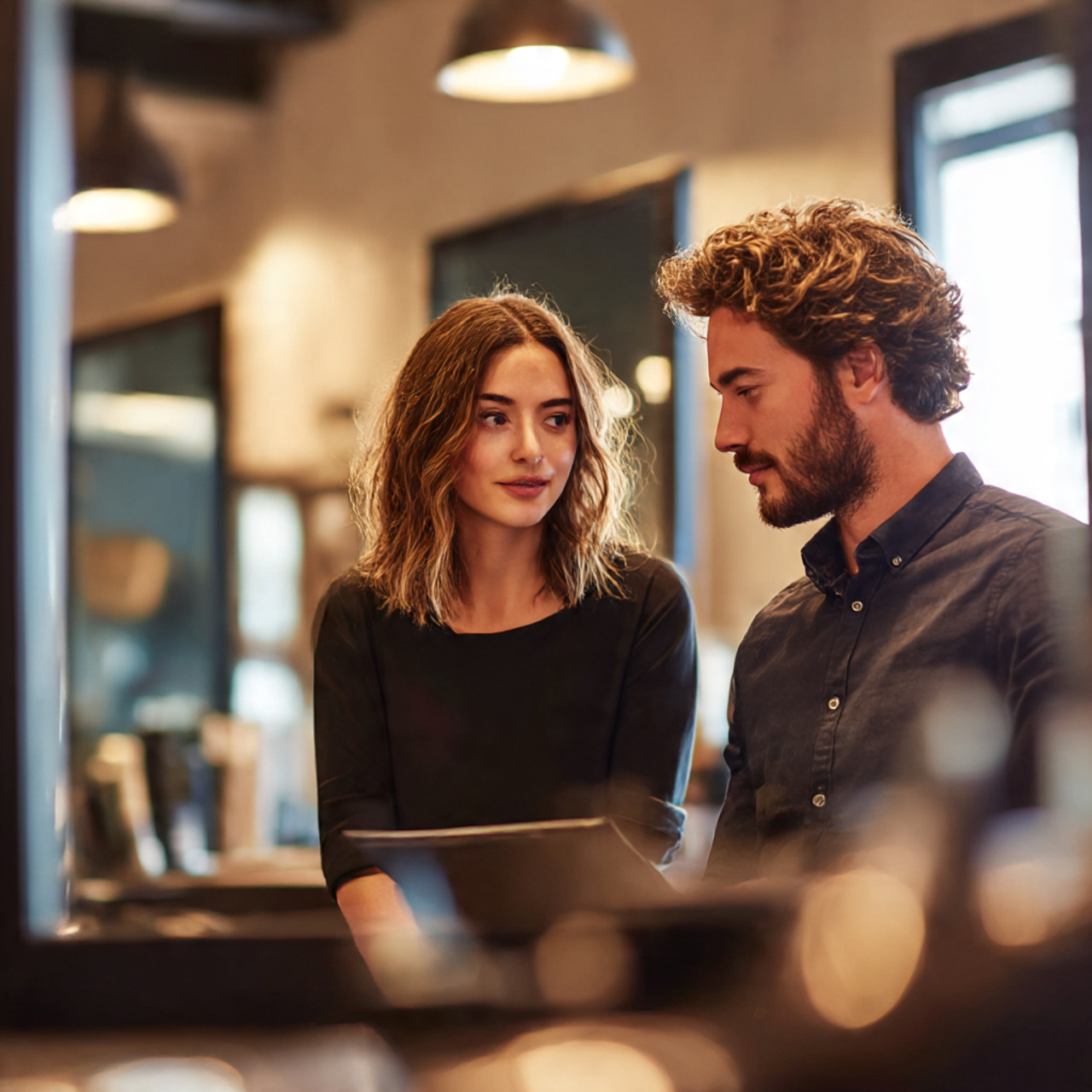 a professional hairstylist consulting with a client