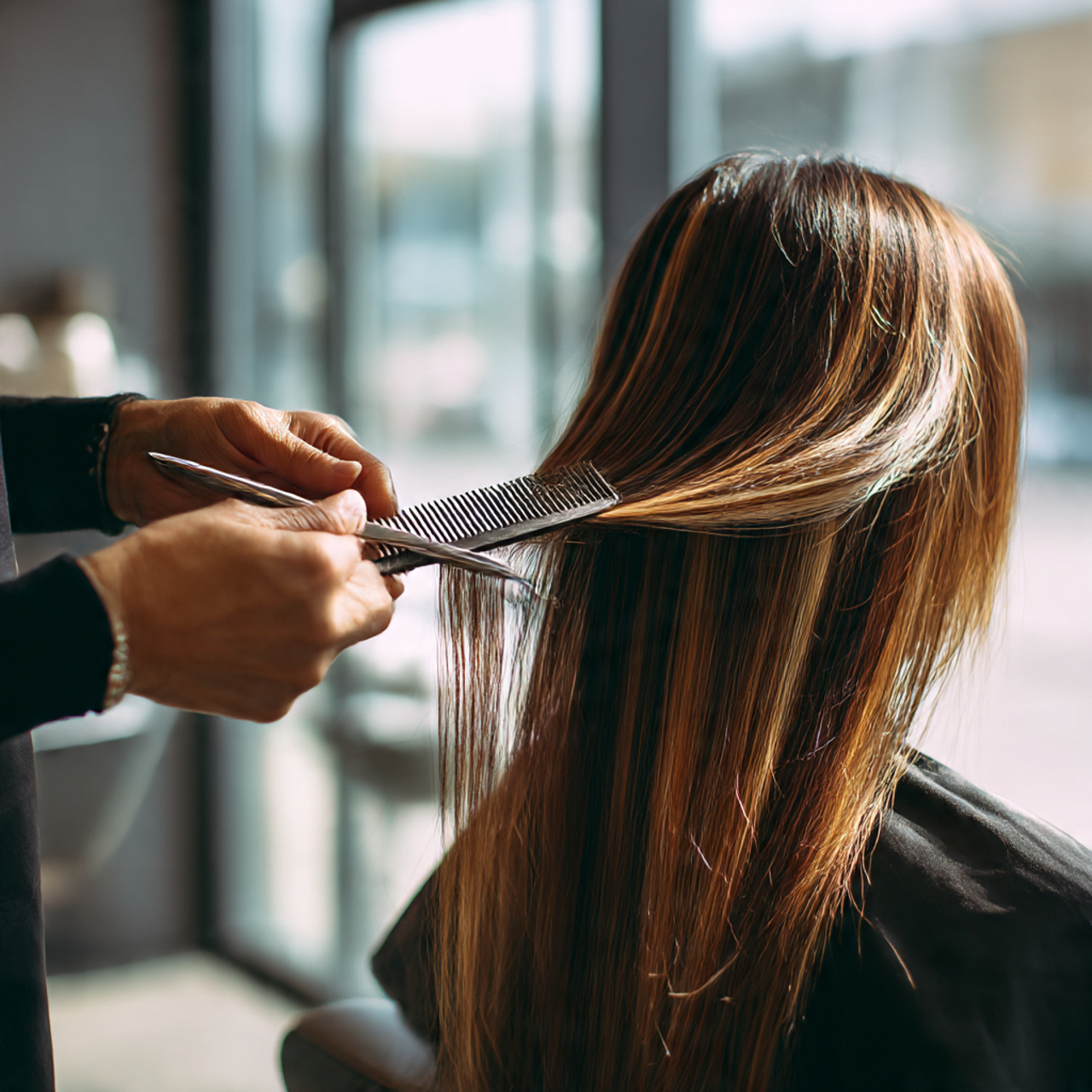 a professional stylist carefully sectioning a client s
