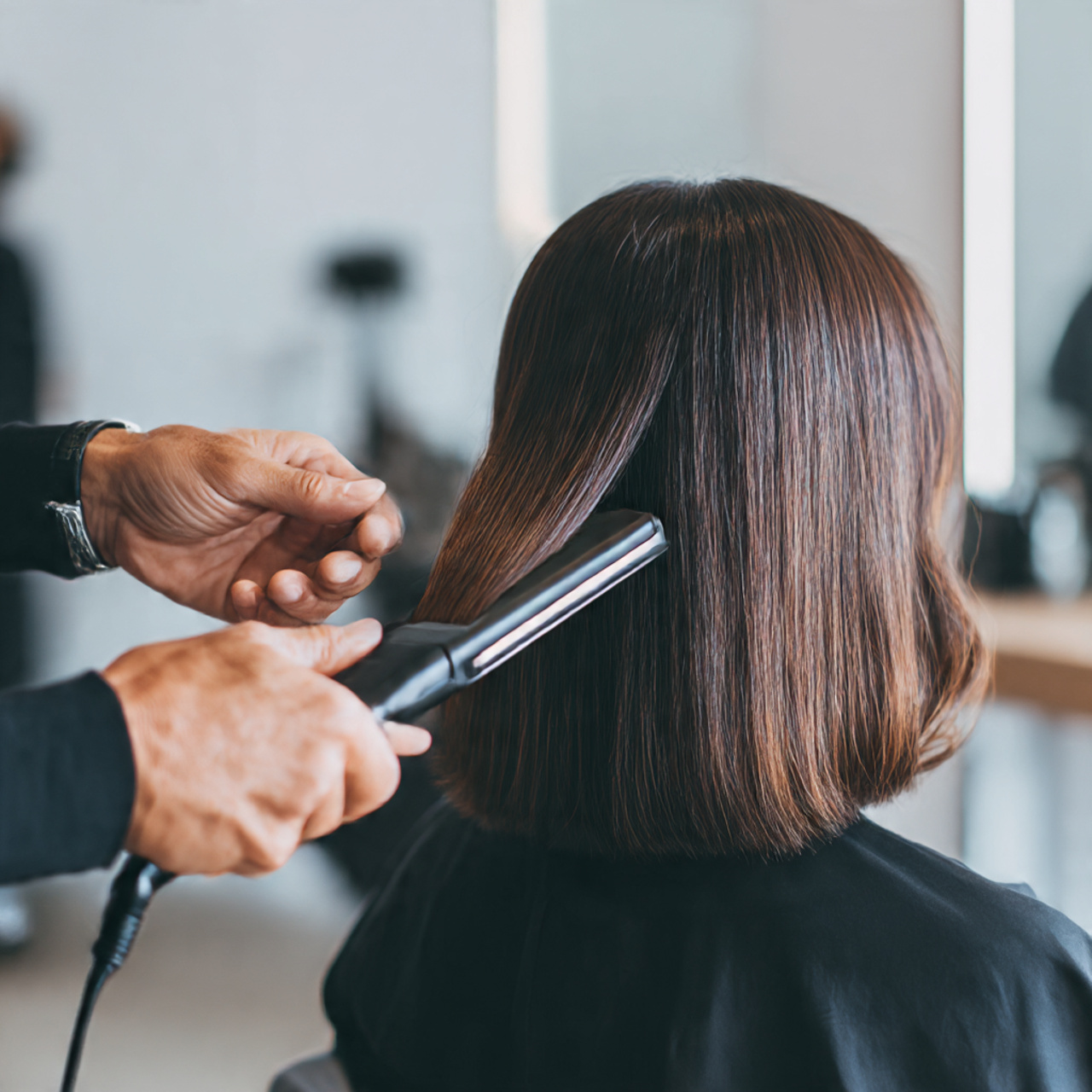 27 Short Silk Pressed Hair: Sleek, Shiny & Effortless Styles 14 a professional stylist using a small 1 inch