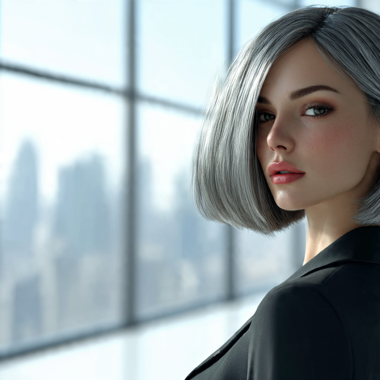 a professional woman with a sleek grey