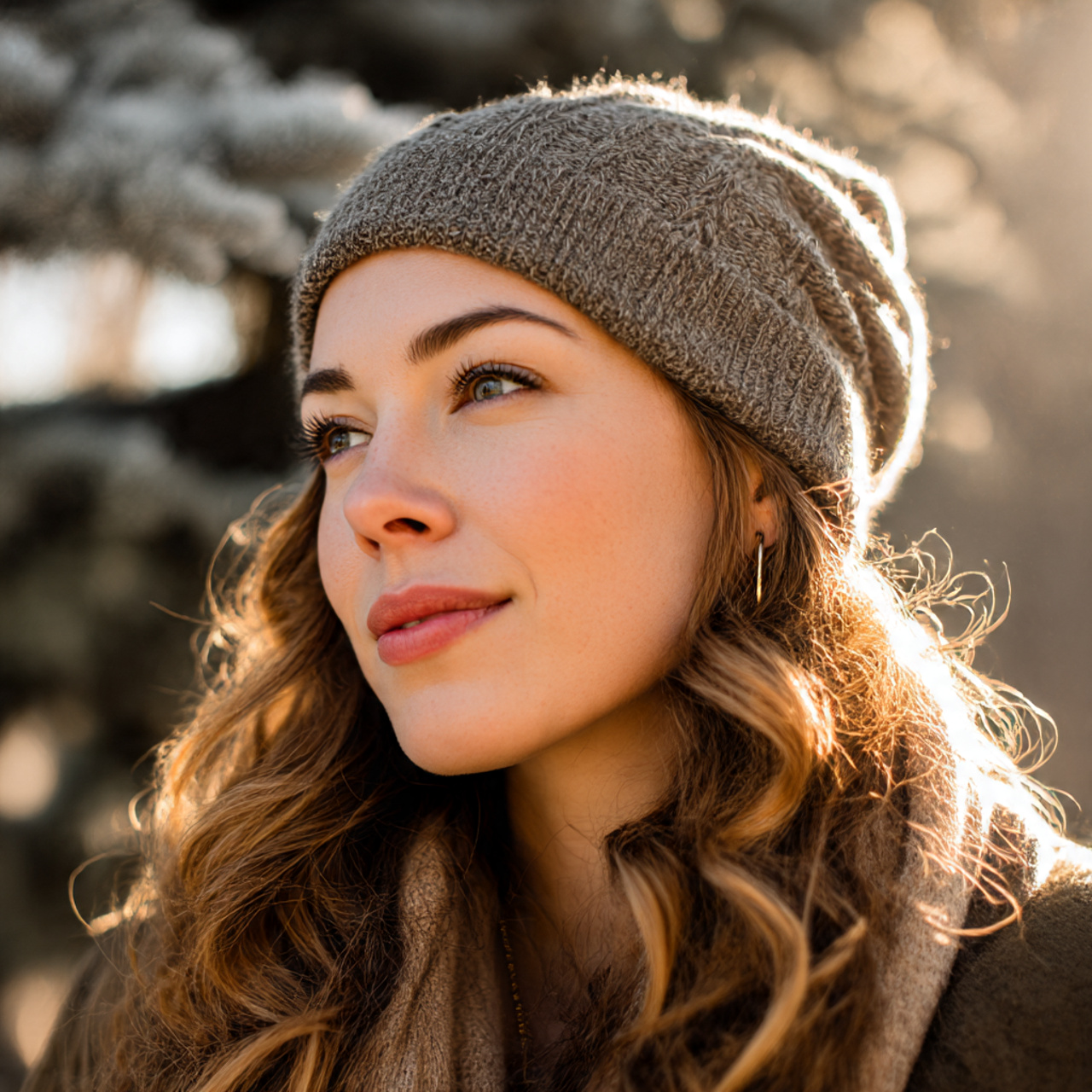 a realistic woman wearing her beanie at