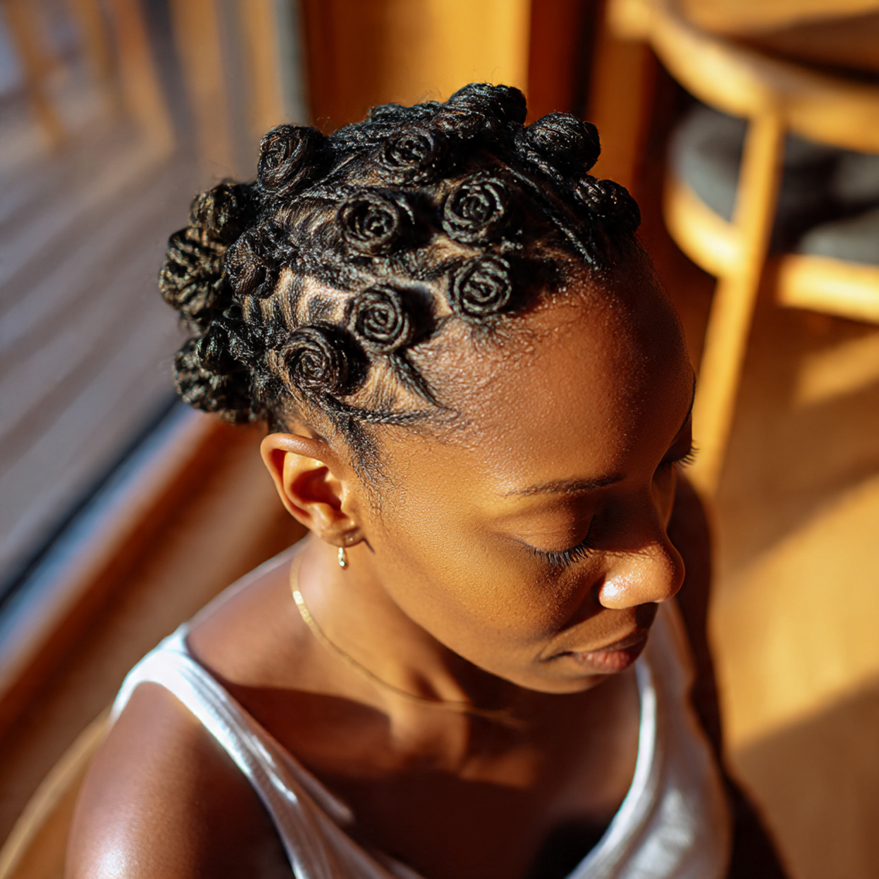 a serene adult woman with tiny intricate