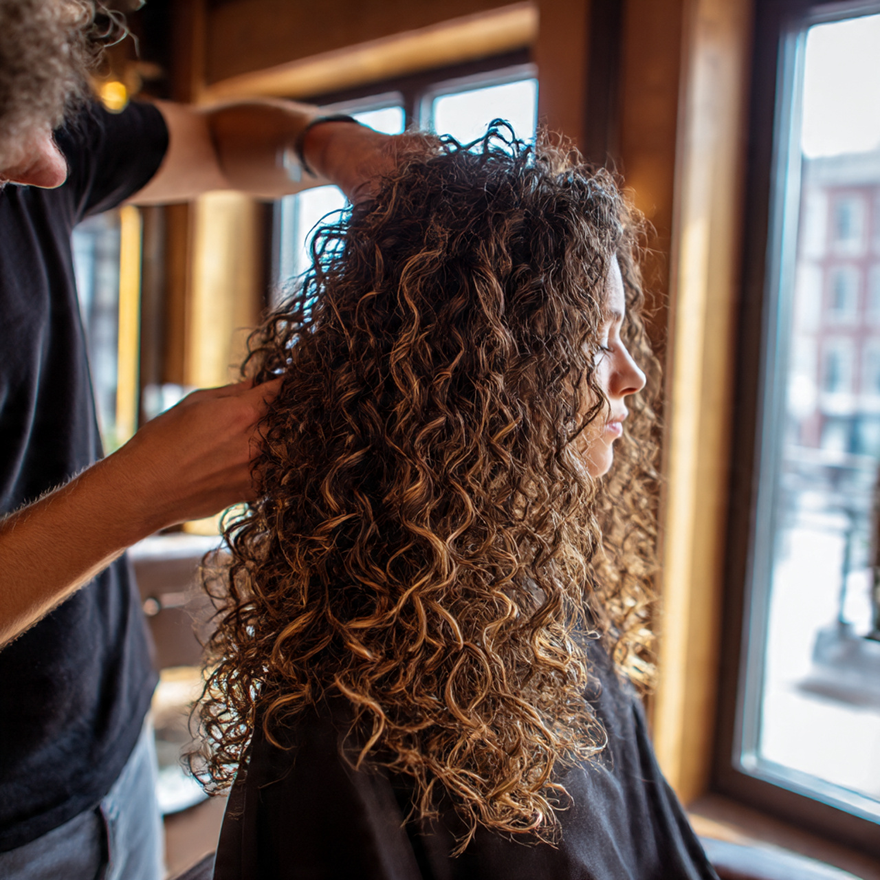 a side view of a stylist carefully