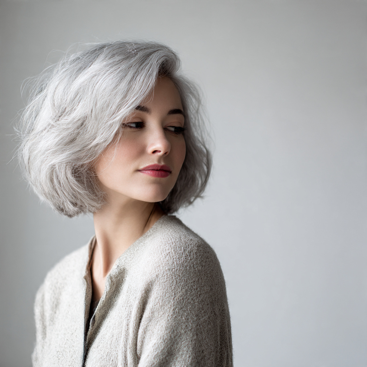 a single woman showcasing a grey bob
