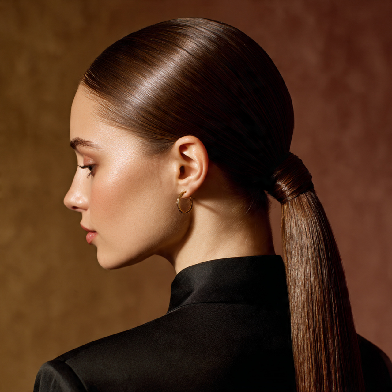 a sleek glossy low ponytail on a