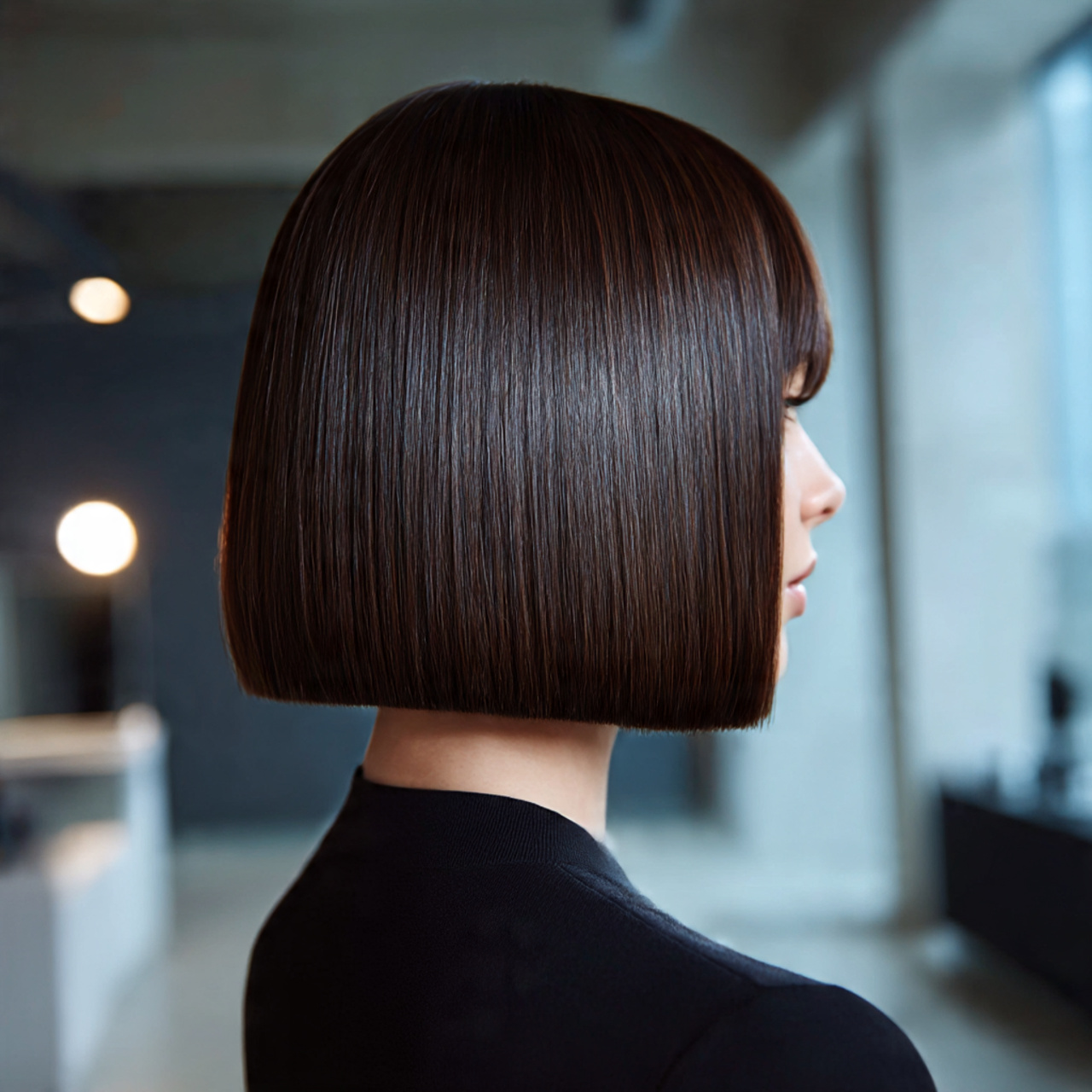 a sleek perfectly straight haircut with a