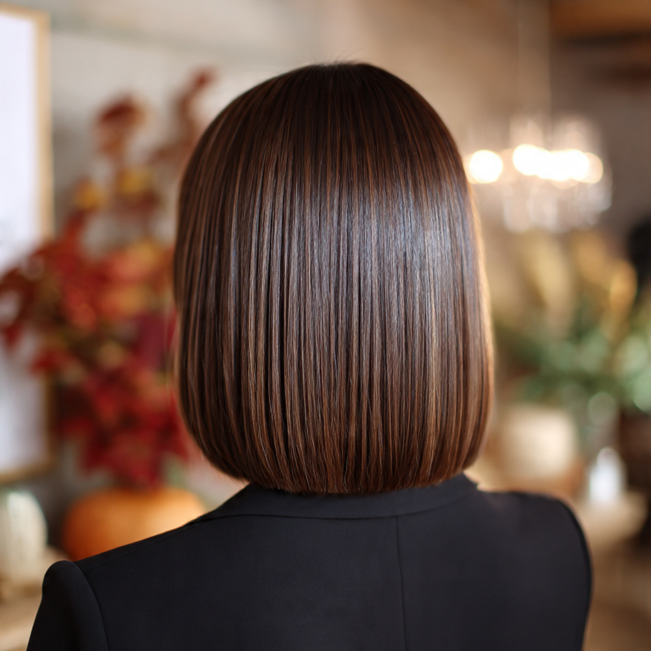 a sleek sharp blunt haircut falling at