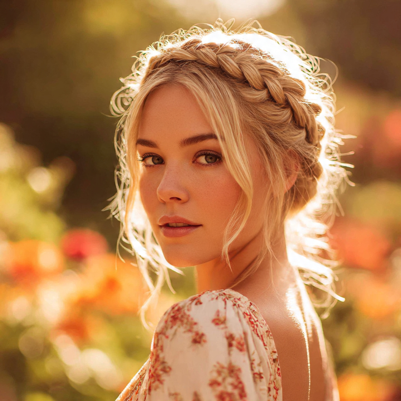 a soft featured blonde woman wearing loose dutch