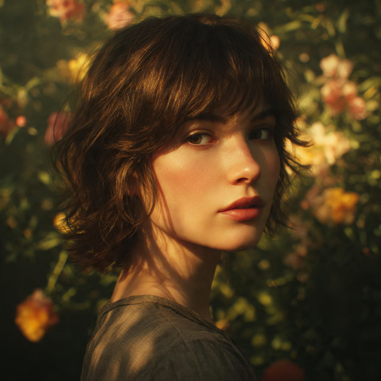 a soft featured brunette woman with subtle layering