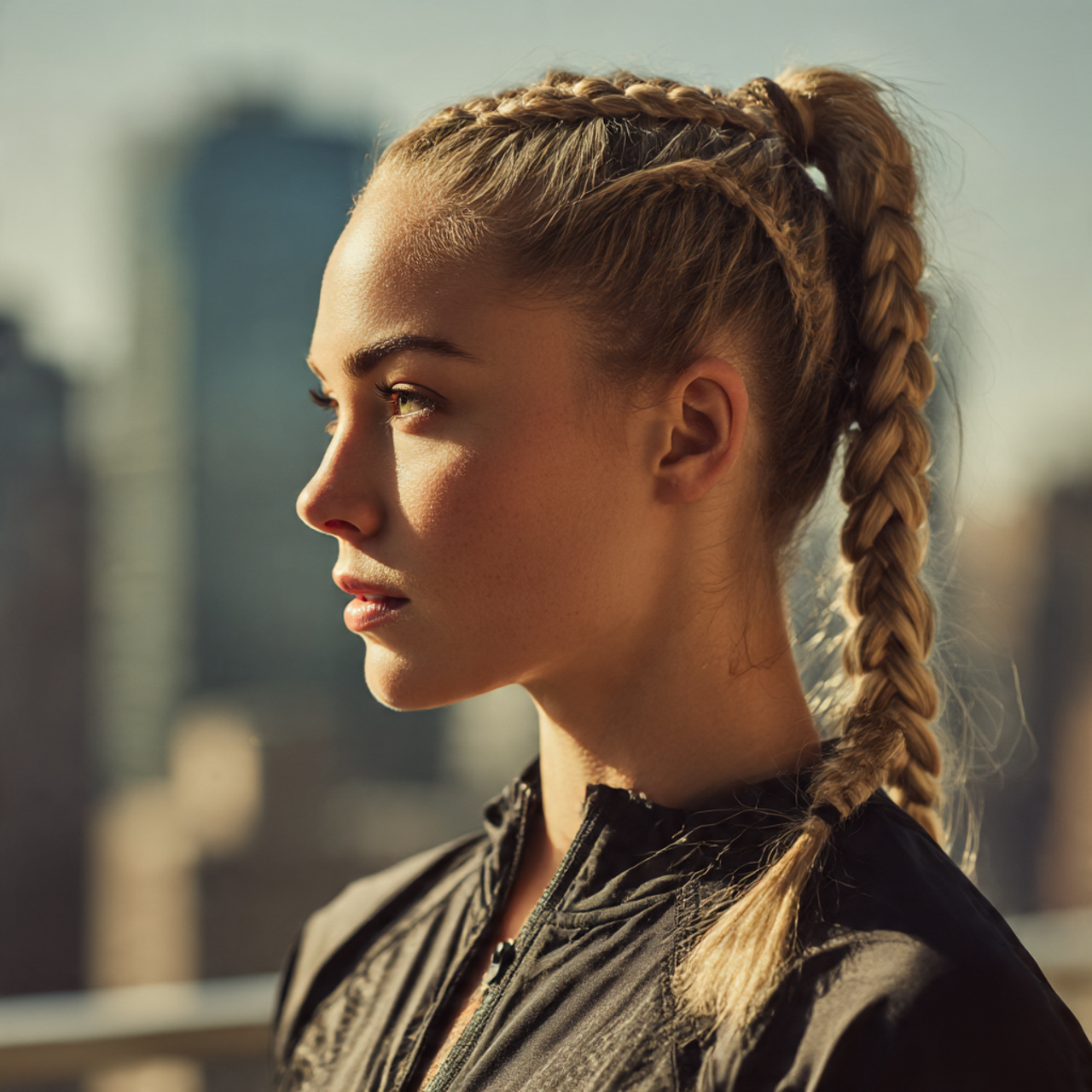 a sporty confident woman with high cheekbones