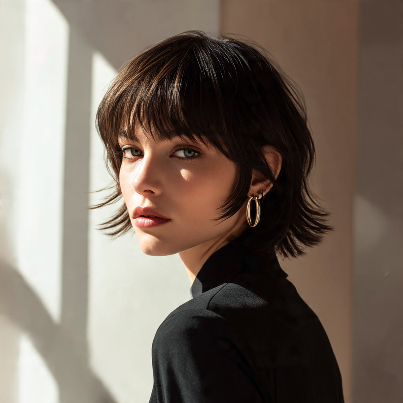 a striking model with a short wolf