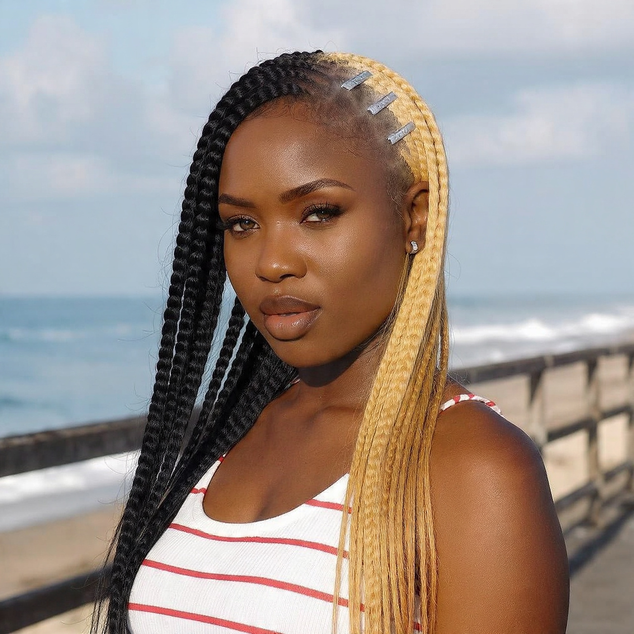 a striking model with two toned fulani braids