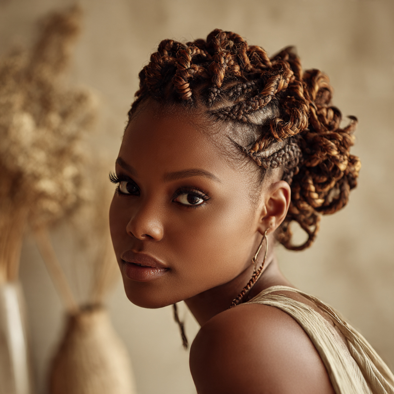 a striking model with warm brown skin