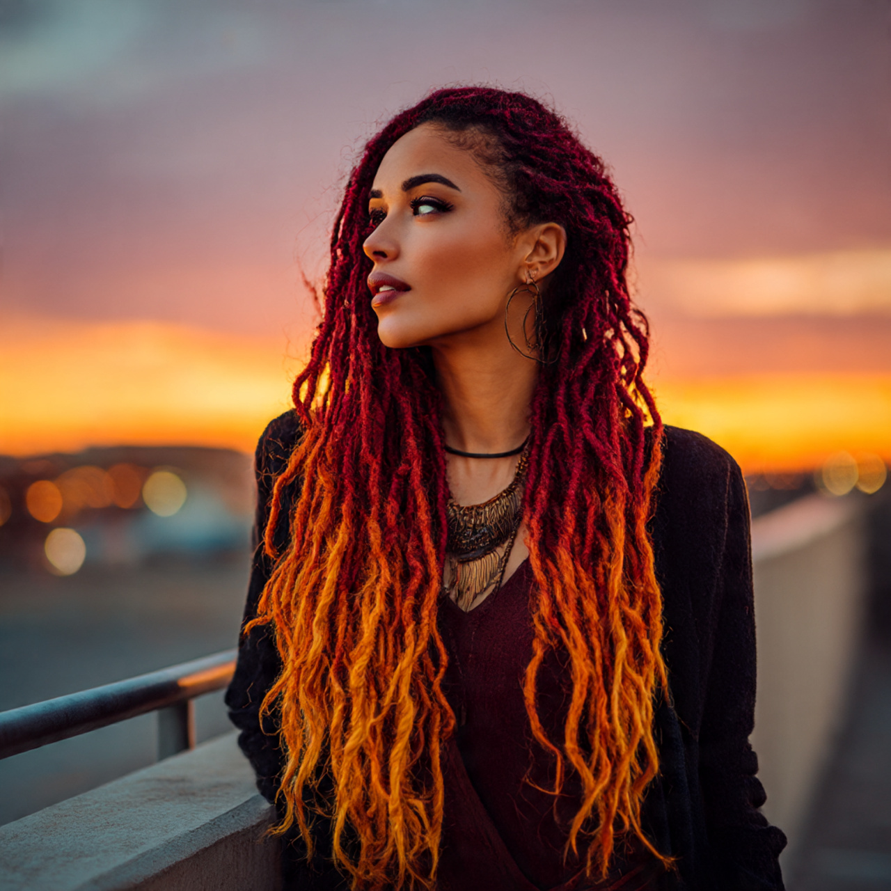 a striking woman with long locs blended
