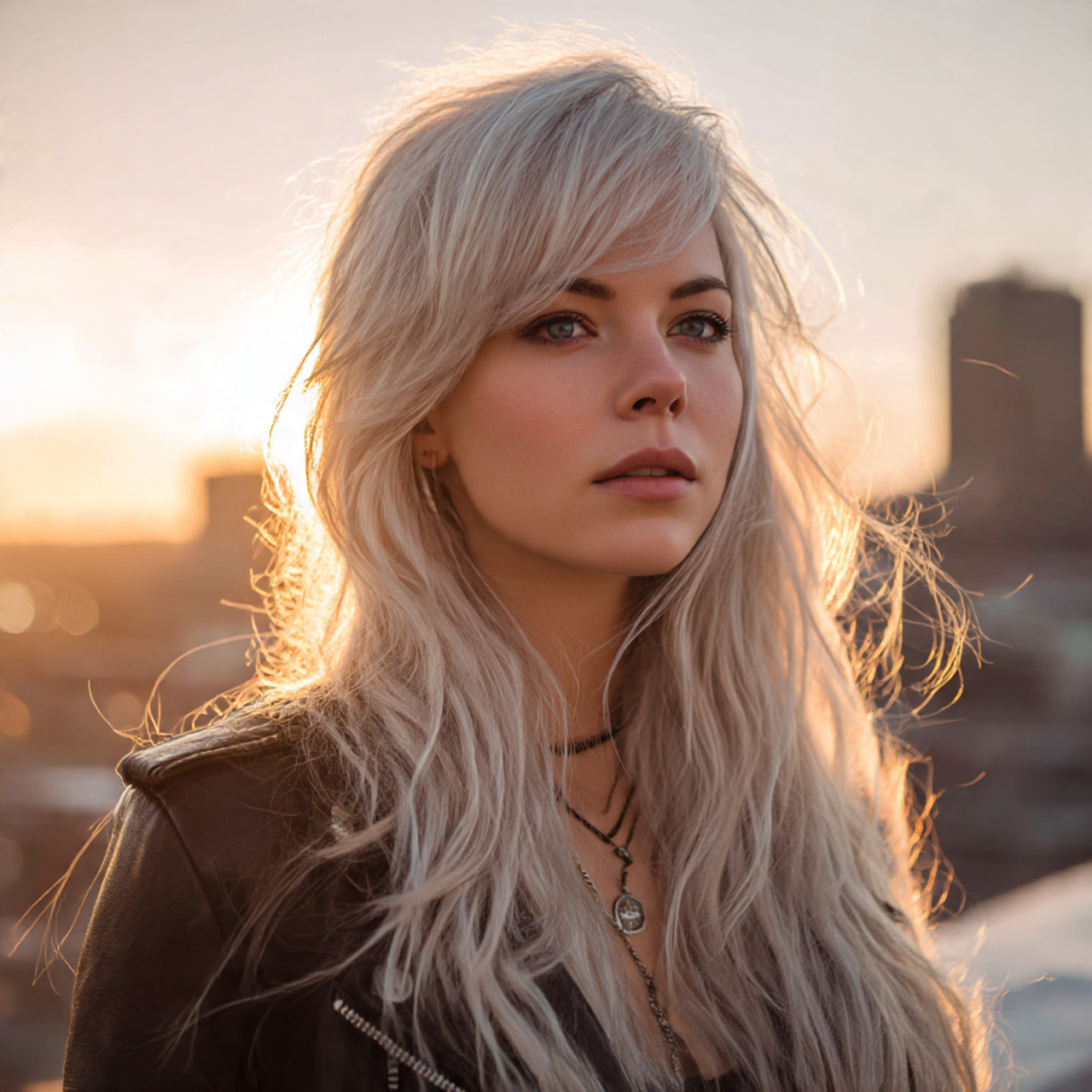 a striking woman with platinum blonde rocker