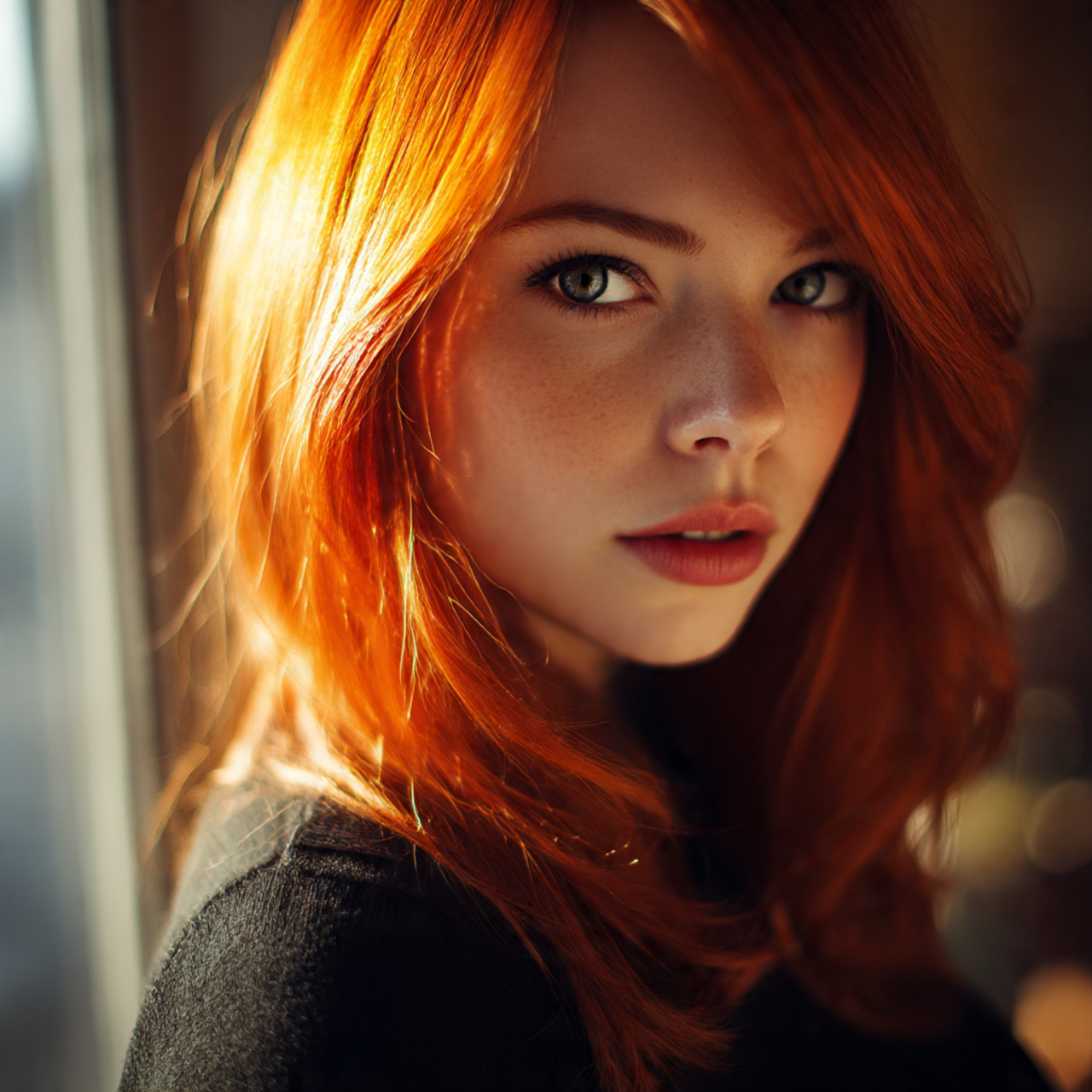 a striking woman with vibrant metallic copper