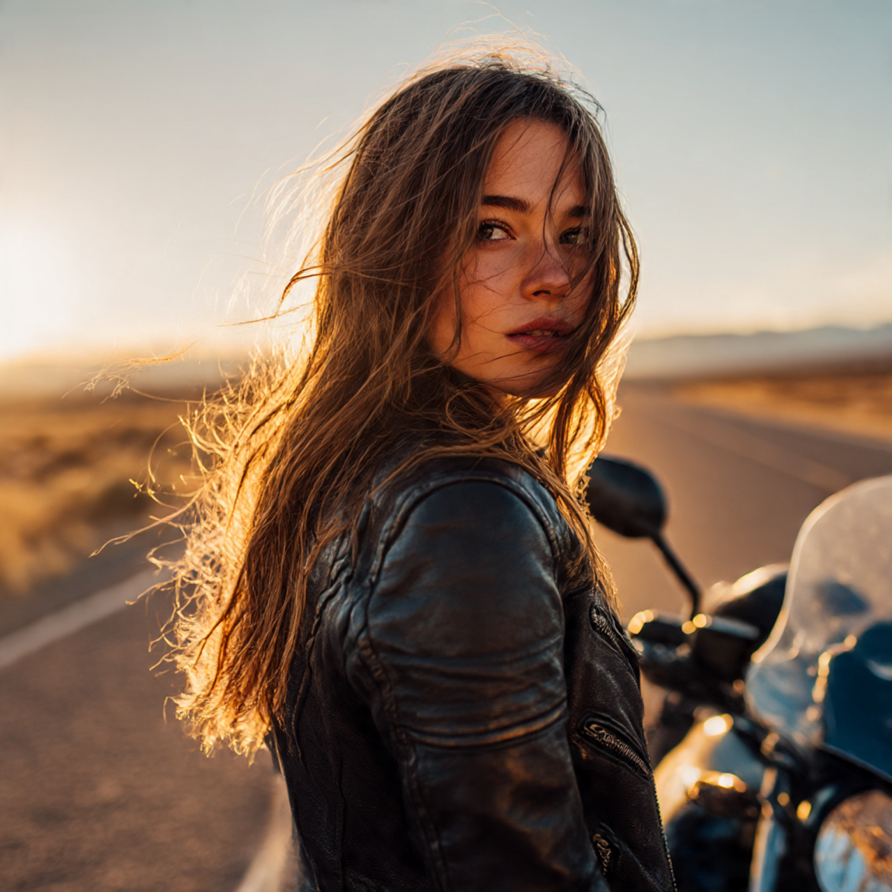 a strong adventurous woman with biker chic