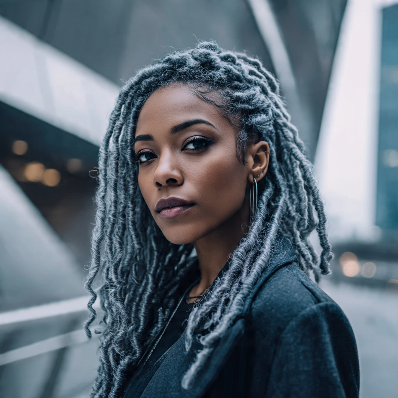 a stunning natural looking woman with cool toned silver grey