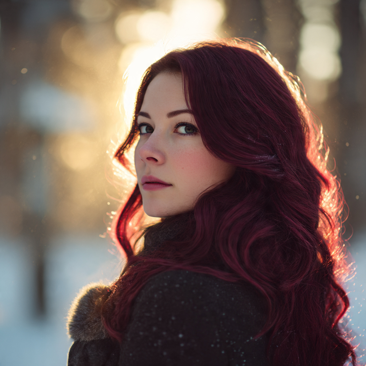 a stunning woman with velvet burgundy hair