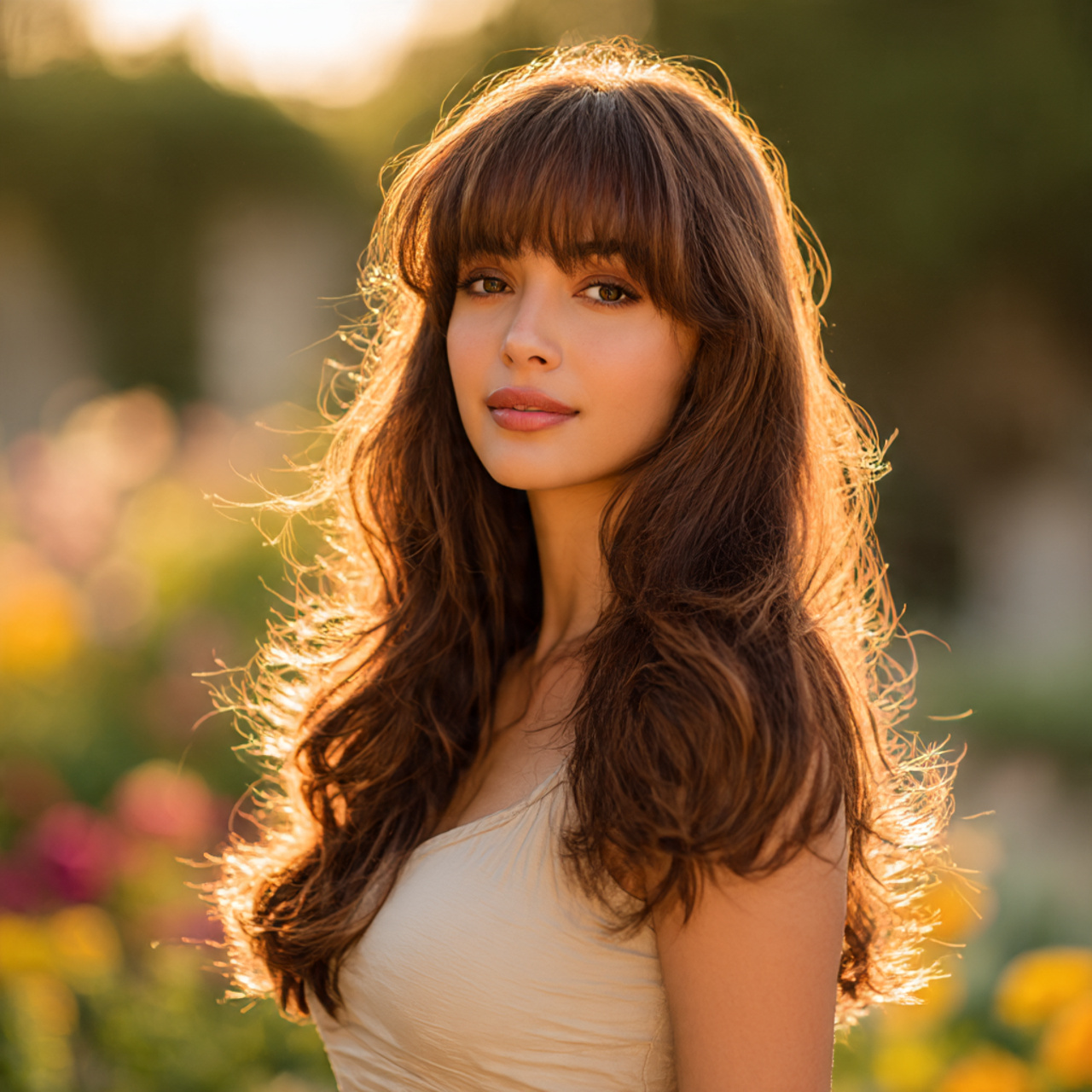 a stunning woman with voluminous blowout bangs