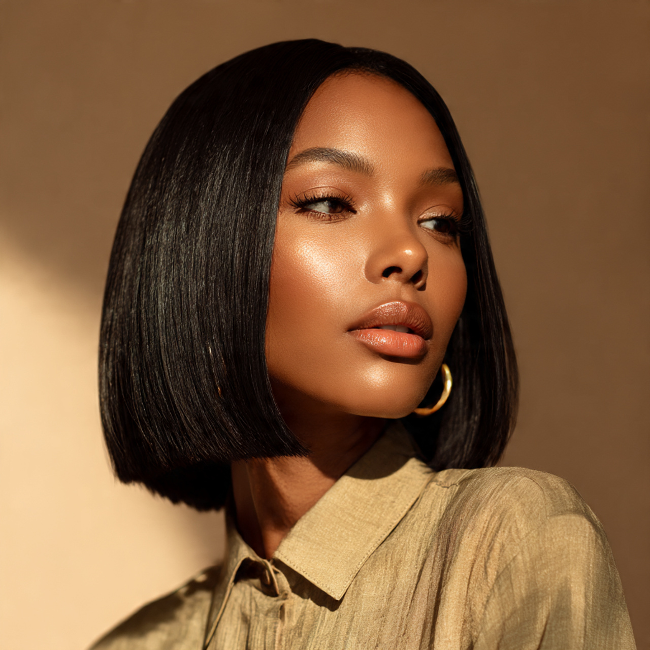 25 Stunning Bob Hairstyles for Black Women: Short, Curly & Sleek Cuts 12 a stylish black woman wearing a symmetrical