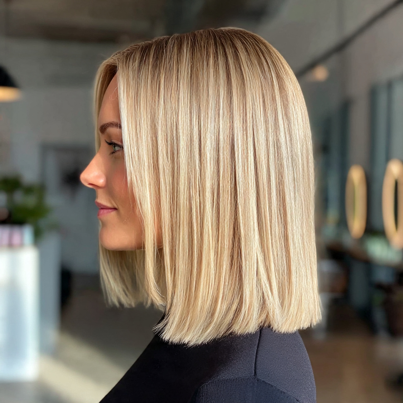 a stylish collarbone length blonde lob haircut sleek