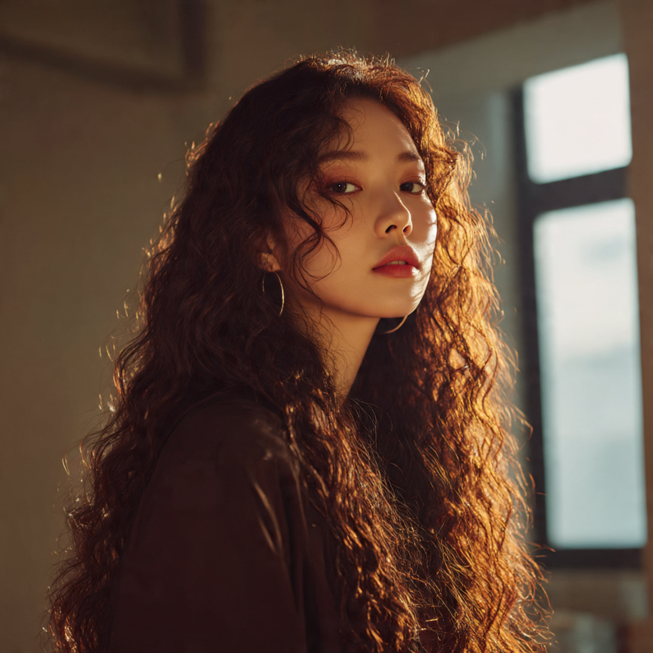 a stylish korean woman with long voluminous