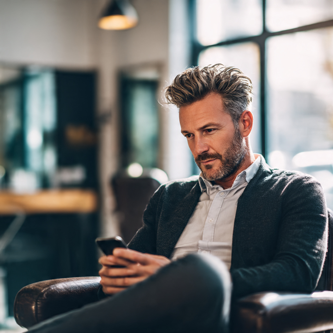 a stylish man with highlighted hair sitting