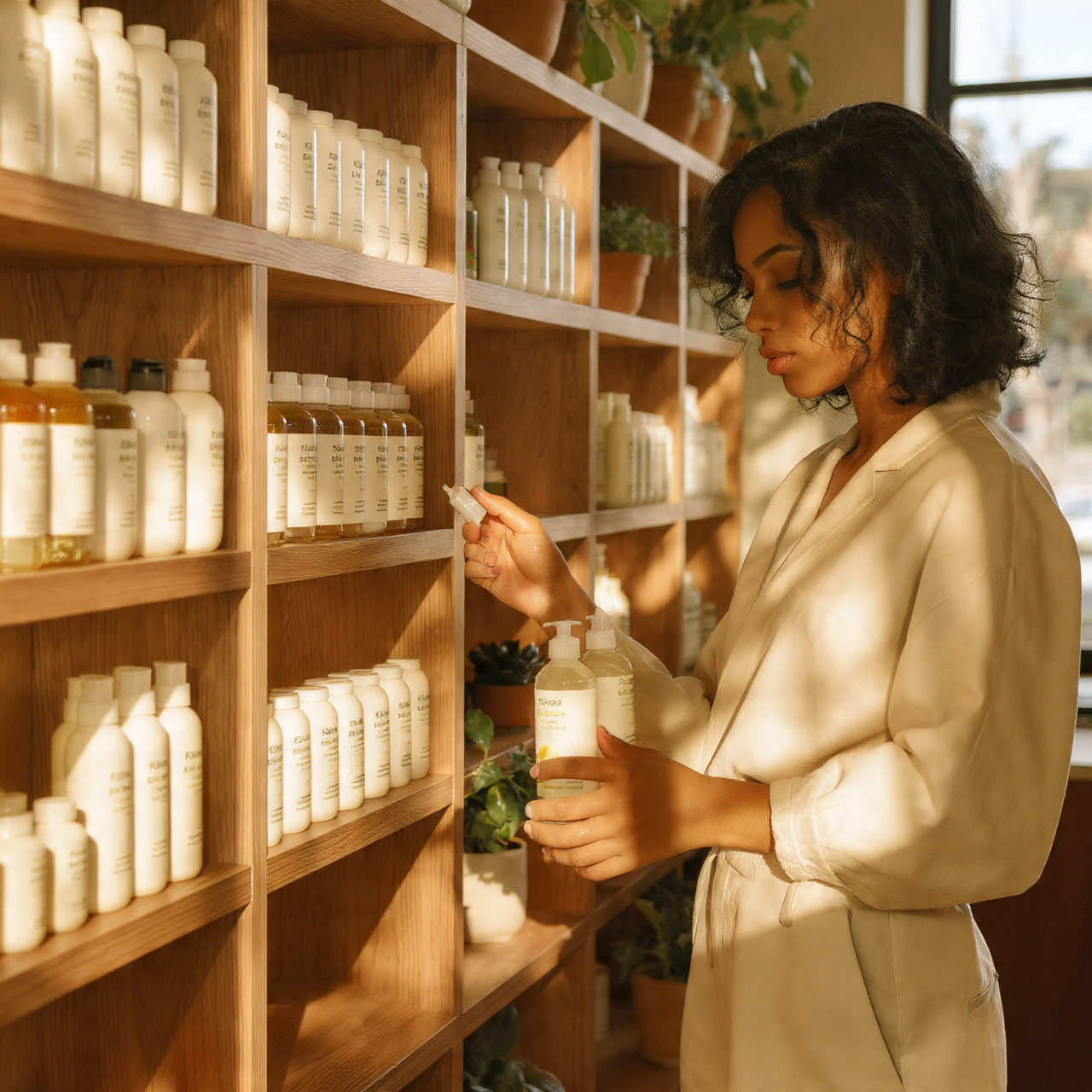 a stylish salon setting with shelves of