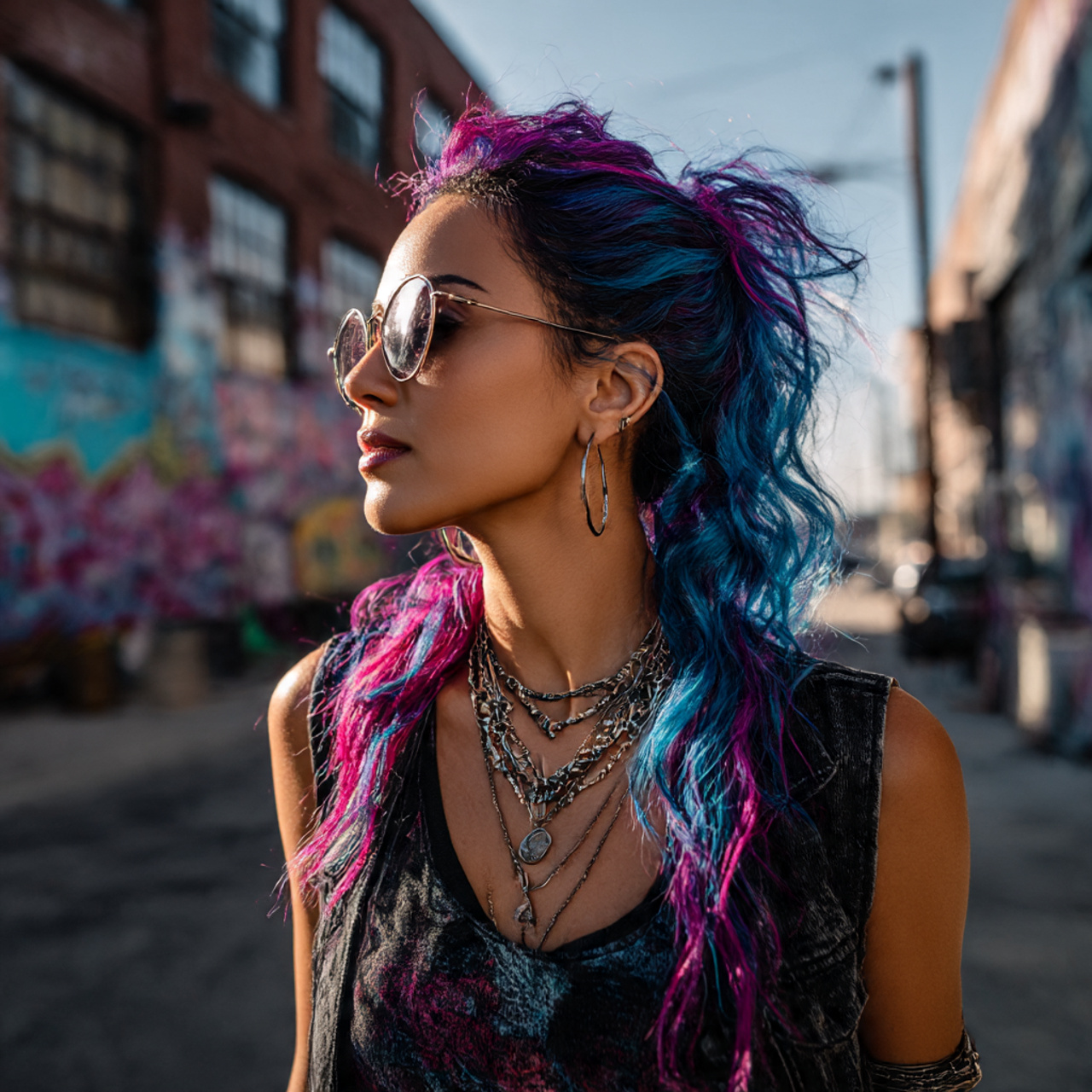 a stylish woman showcasing vibrant multi colored rocker