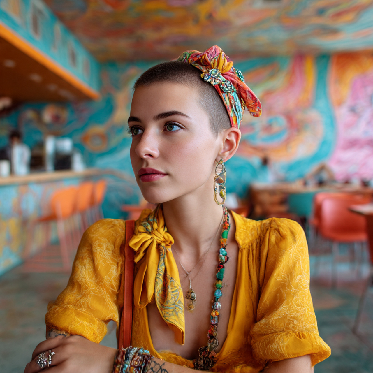 a stylish woman with a buzz cut